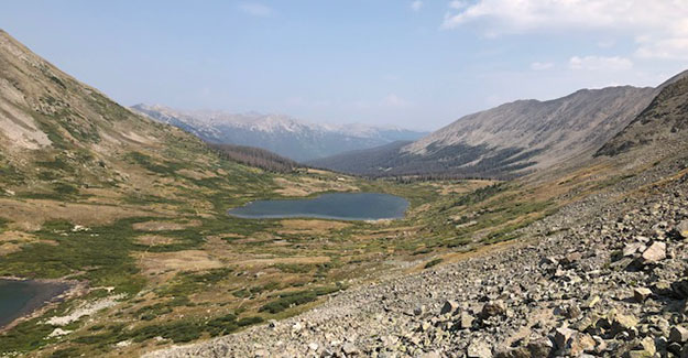 Average Hiker Views Both Hancock Lakes from the Pass Above