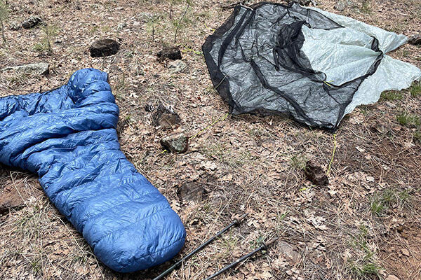 Drying out quilt and tarptent near Mormon Lake on the Arizona Trail.