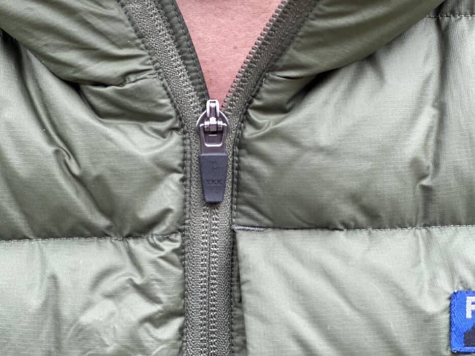 Front zipper on the Feathered Friend's Women's EOS jacket.