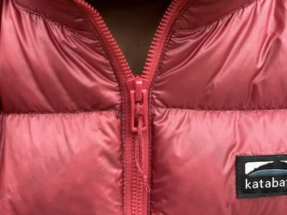 Main zipper on the front of the Katabatic Womens jacket.