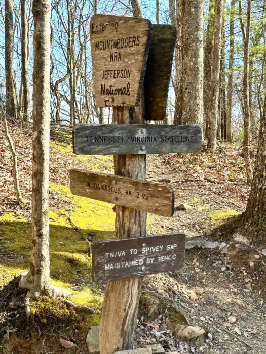 Appalachian Trail signs on the border of Tennessee and Virginia.